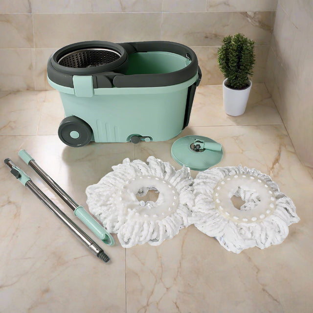 8084 Ganesh Quick Spin Mop Steel Spin Bucket Floor Cleaning Easy Wheels Big Bucket Floor Cleaning Mop With Bucket 2 Micro Fiber Head Refill