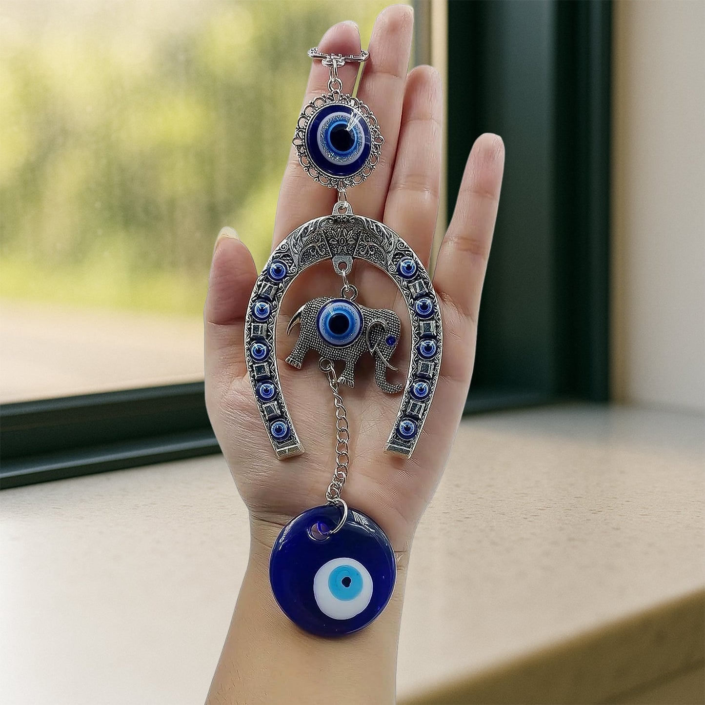 Decorative Evil Eye Hanging with Elephant and Horseshoe Motif,  Wind Chime (1 Pc)