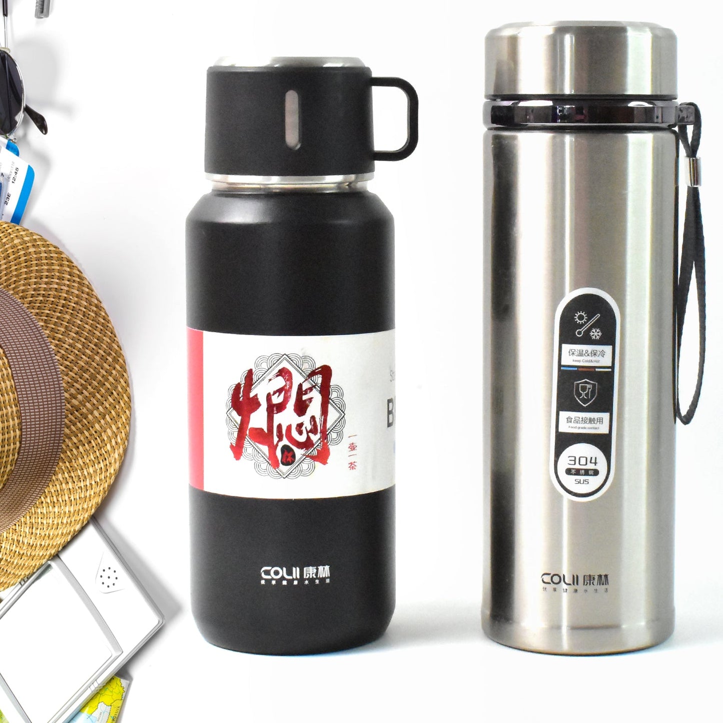 Stainless Steel Vacuum Insulated Water Bottle – 900ML Approx, Leak-Proof, Wide Mouth with Hanging Strap (Mix Color)