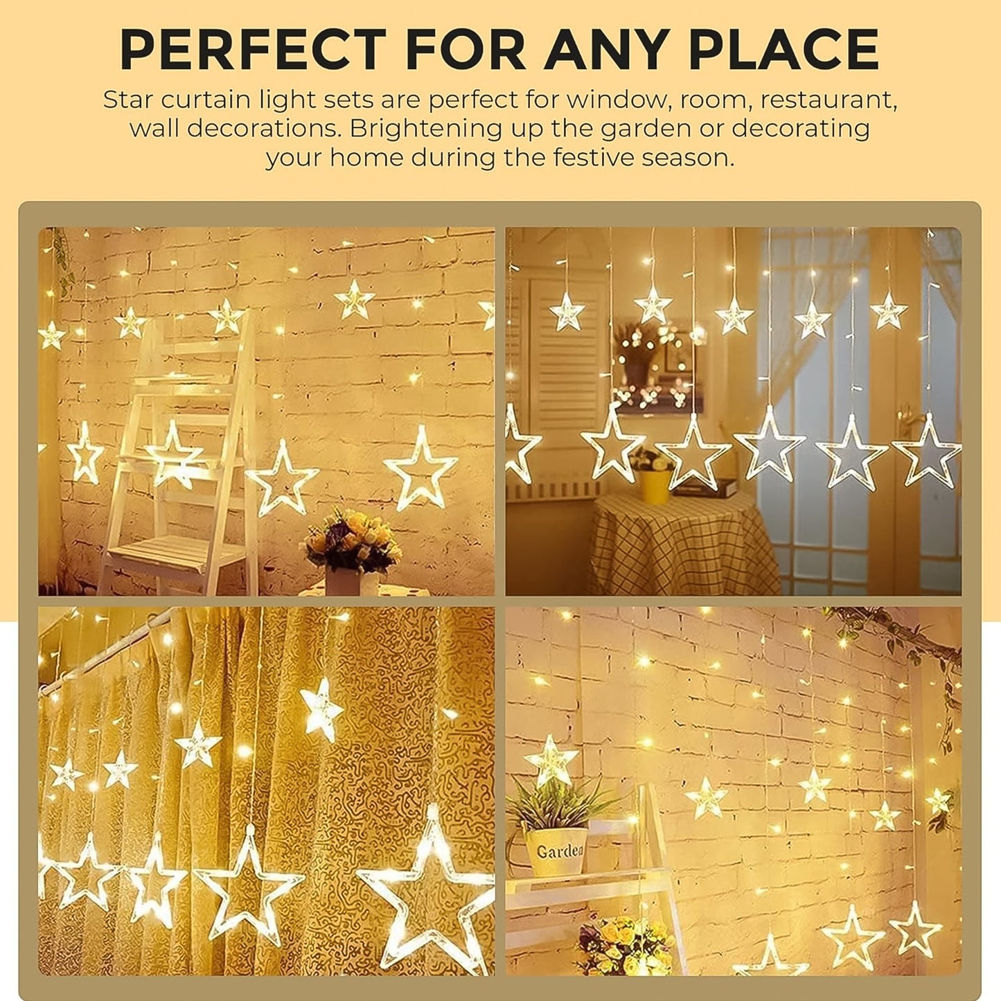 12 Stars LED Curtain String Lights with 8 Flashing Modes for Home Decoration, Diwali & Wedding LED Christmas Light Indoor and Outdoor Light ,Festival Decoration  (Warm White / With Box)