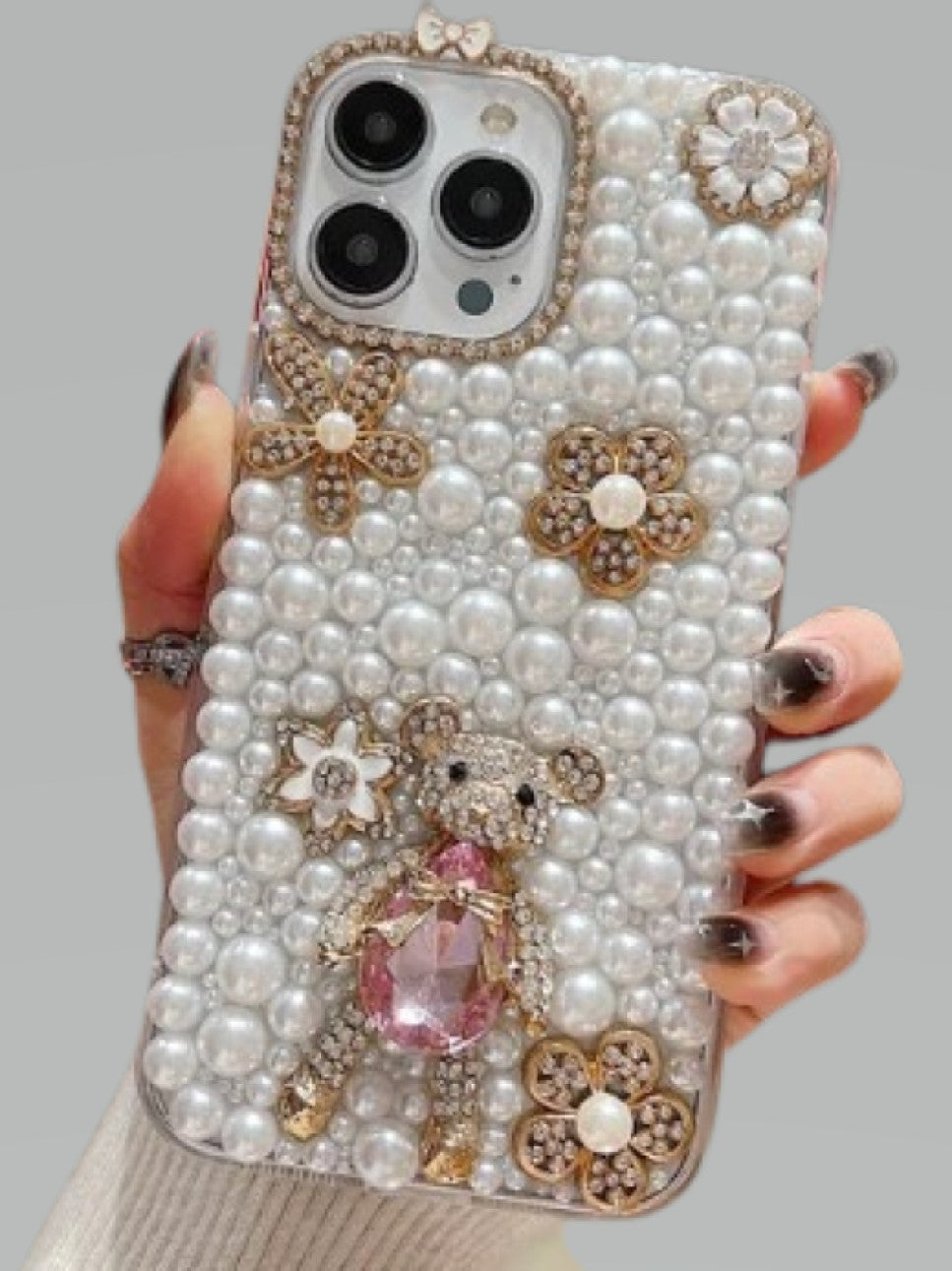 Handmade Decorative Pearl and Diamond Bear Phone Case for iphone 16 only