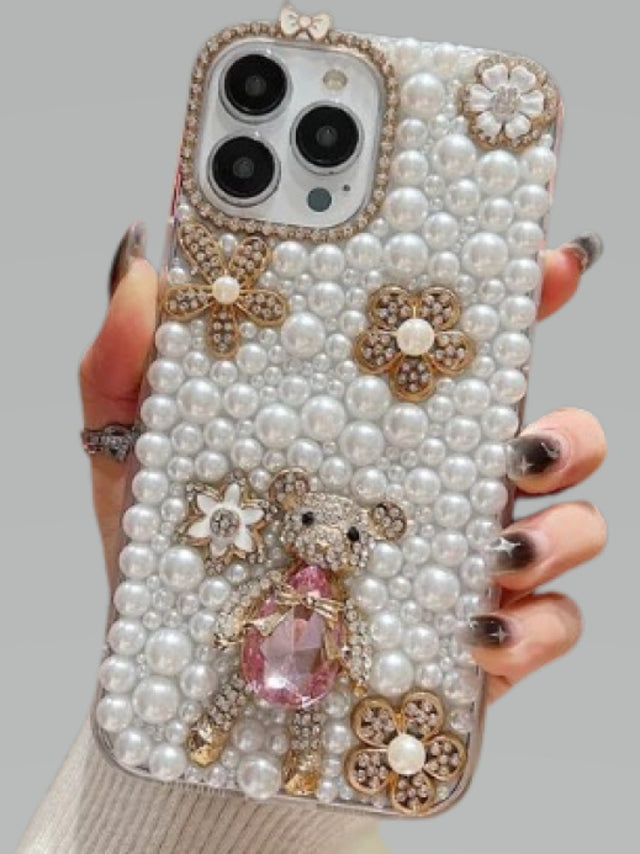 Handmade Decorative Pearl and Diamond Bear Phone Case for iphone 15 only