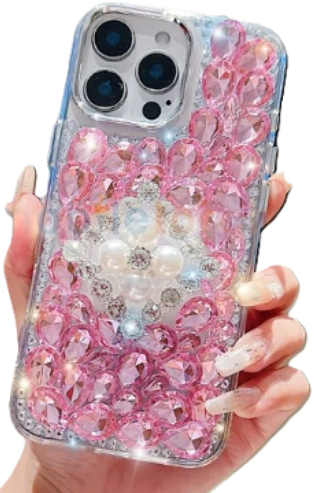 Luxury Phone Case for iPhone 16 pro | Rhinestone | Transparent | Diamond Crystals | Handmade Compatible with iPhone 16 pro (Pink Rhinestones)