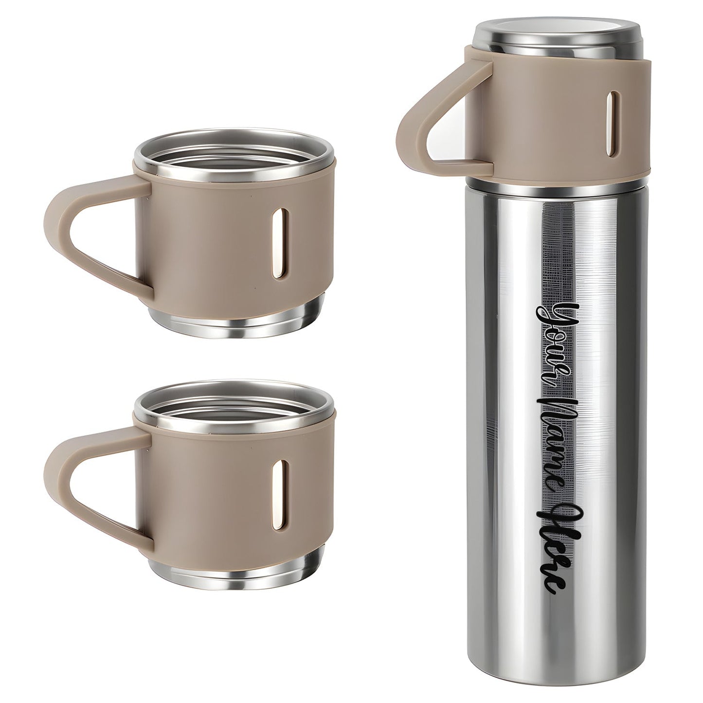 Customized Stainless Steel Vacuum Flask Set with 3 Cups – 500ML | Personalized Name Bottle Gift Combo for Boyfriend, Girlfriend, Employee