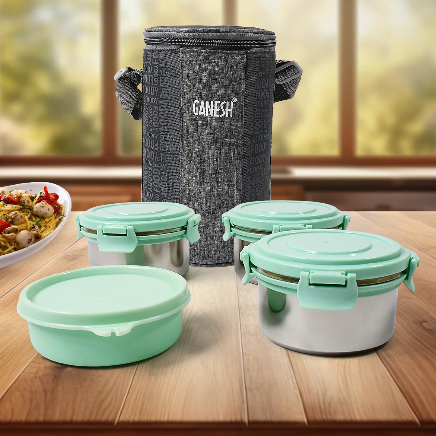8717 4in1tiffin Box-lunch Box  3 Stainless Steel Containers 300 Ml Approx  Plastic Salad Container 200 Ml Approx Plastic Lid Box  Round Zip Bag  Leak Proof  Microwave Safefor Office College And School For Men Women