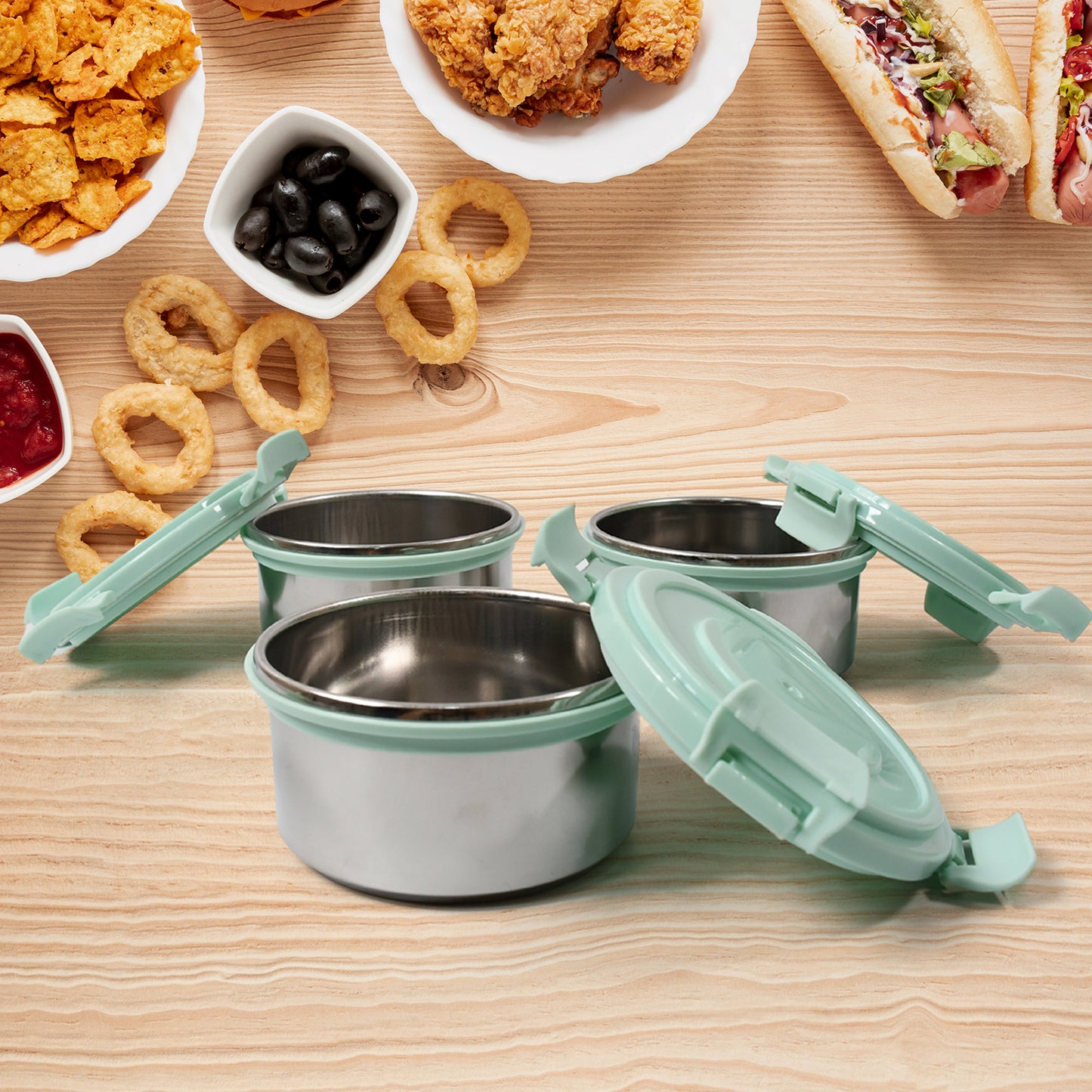 8717 4in1tiffin Box-lunch Box  3 Stainless Steel Containers 300 Ml Approx  Plastic Salad Container 200 Ml Approx Plastic Lid Box  Round Zip Bag  Leak Proof  Microwave Safefor Office College And School For Men Women