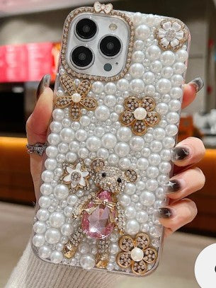 Handmade Decorative Pearl and Diamond Bear Phone Case for iphone 16 only