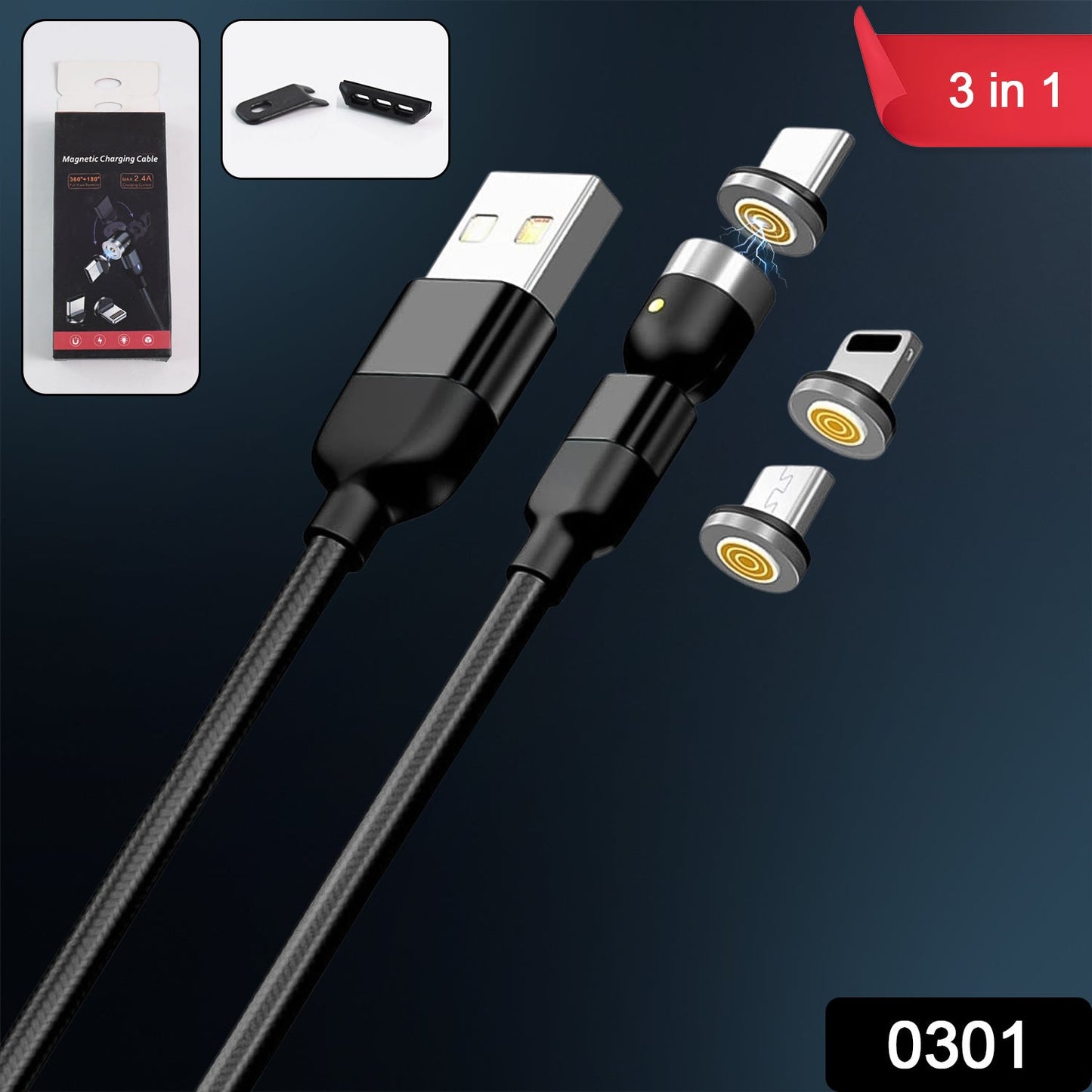 3 in 1 Magnetic USB Charging Cable | USB-c Android and Lightning with Extra Protecting Nylon| Strong Magnetic Cable with Full Rotation Support Fast Charging