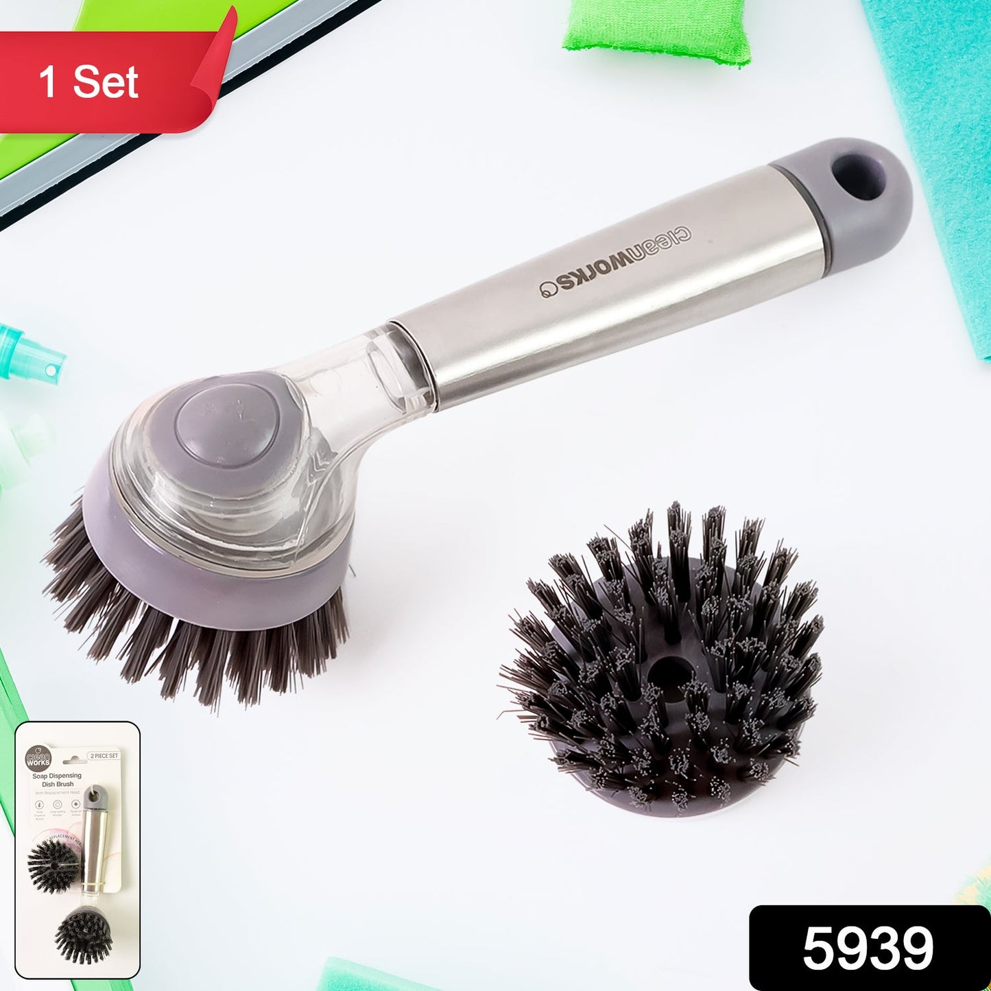 Cleaning Brushes Set, Scrub Brush Bathroom Brush, Long Handle Liquid Dispenser Pot Washing Brush